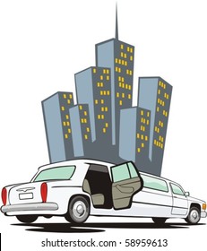 White Limousine With Open Door On Background Of The Buildings