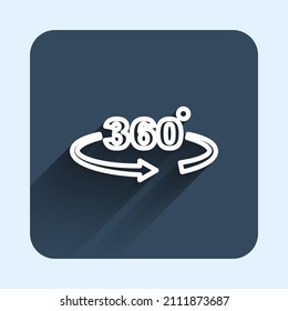 White line 360 degree view icon isolated with long shadow background. Virtual reality. Angle 360 degree camera. Panorama photo. Blue square button. Vector
