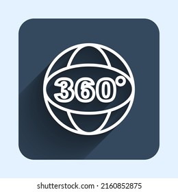 White line 360 degree view icon isolated with long shadow background. Virtual reality. Angle 360 degree camera. Panorama photo. Blue square button. Vector