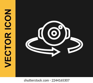 Icono de vista de línea blanca de 360 grados aislado en fondo negro. Realidad virtual. Cámara angular de 360 grados. Foto de Panorama.  Vector