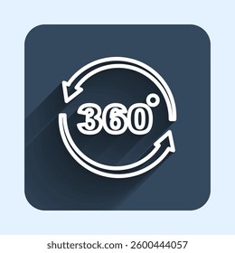 White line 360 degree view icon isolated with long shadow background. Virtual reality. Angle 360 degree camera. Panorama photo. Blue square button. Vector