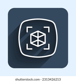 White line 3d modeling icon isolated with long shadow background. Augmented reality or virtual reality. Blue square button. Vector
