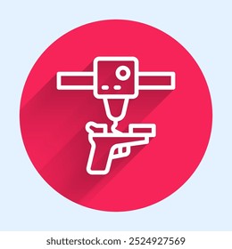 White line 3D printer gun icon isolated with long shadow. 3d printing. Red circle button. Vector