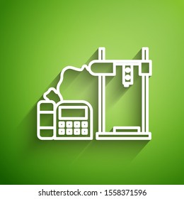 White line 3D printer icon isolated on green background.  Vector Illustration
