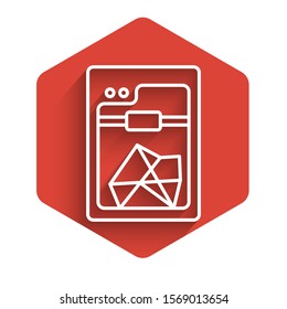 White line 3D printer icon isolated with long shadow. Red hexagon button. Vector Illustration