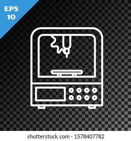 White line 3D printer icon isolated on transparent dark background.  Vector Illustration