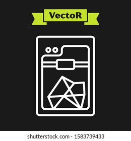 White line 3D printer icon isolated on black background.  Vector Illustration