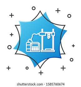 White line 3D printer icon isolated on white background. Blue hexagon button. Vector Illustration