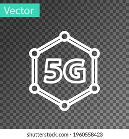 White line 5G new wireless internet wifi connection icon isolated on transparent background. Global network high speed connection data rate technology. Vector