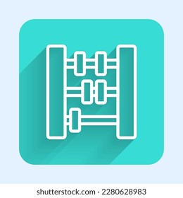 Icono de la línea blanca Abacus aislado con una sombra larga. Marco de recuento tradicional. Señal de educación. Escuela de Matemáticas. Botón cuadrado verde. Vector