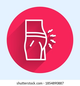 White Line Abdominal Bloating Icon Isolated With Long Shadow. Constipation Or Diarrhea. Red Circle Button. Vector