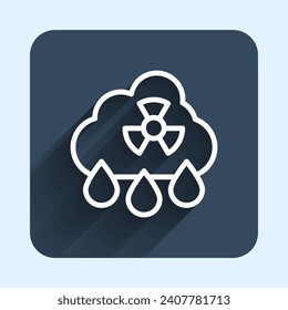 White line Acid rain and radioactive cloud icon isolated with long shadow background. Effects of toxic air pollution on the environment. Blue square button. Vector