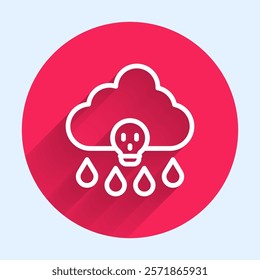 White line Acid rain and radioactive cloud icon isolated with long shadow background. Effects of toxic air pollution on the environment. Red circle button. Vector