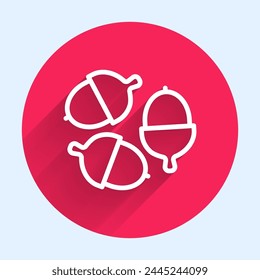 White line Acorn icon isolated with long shadow background. Red circle button. Vector