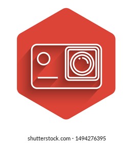 White line Action extreme camera icon isolated with long shadow. Video camera equipment for filming extreme sports. Red hexagon button. Vector Illustration
