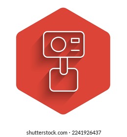 White line Action extreme camera icon isolated with long shadow. Video camera equipment for filming extreme sports. Red hexagon button. Vector