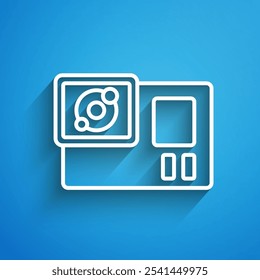 White line Action extreme camera icon isolated on blue background. Video camera equipment for filming extreme sports. Long shadow. Vector