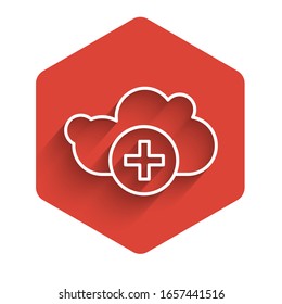 White line Add cloud icon isolated with long shadow. Data storage on the cloud. Red hexagon button. Vector Illustration