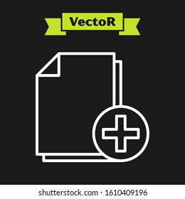 White line Add new file icon isolated on black background. Copy document icon.  Vector Illustration
