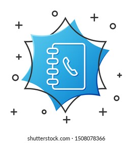 White line Address book icon isolated on white background. Notebook, address, contact, directory, phone, telephone book icon. Blue hexagon button. Vector Illustration