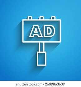 White line Advertising icon isolated on blue background. Concept of marketing and promotion process. Responsive ads. Social media advertising. Long shadow. Vector