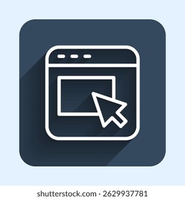 White line Advertising icon isolated with long shadow background. Concept of marketing and promotion process. Responsive ads. Social media advertising. Blue square button. Vector
