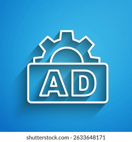 White line Advertising icon isolated on blue background. Concept of marketing and promotion process. Responsive ads. Social media advertising. Long shadow. Vector