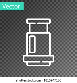 Icono del método de café Aeropress de línea blanca aislado en fondo transparente. Dispositivo para preparar café. Vector.