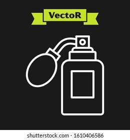 White line Aftershave bottle with atomizer icon isolated on black background. Cologne spray icon. Male perfume bottle.  Vector Illustration