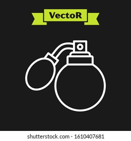 White line Aftershave bottle with atomizer icon isolated on black background. Cologne spray icon. Male perfume bottle.  Vector Illustration
