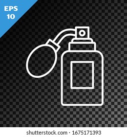 White line Aftershave bottle with atomizer icon isolated on transparent dark background. Cologne spray icon. Male perfume bottle.  Vector Illustration