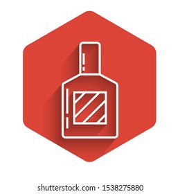White line Aftershave icon isolated with long shadow. Cologne spray icon. Male perfume bottle. Red hexagon button. Vector Illustration
