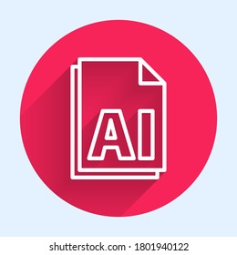White line AI file document. Download ai button icon isolated with long shadow. AI file symbol. Red circle button. Vector Illustration