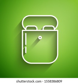 White line Air headphones in box icon icon isolated on green background. Holder wireless in case earphones garniture electronic gadget.  Vector Illustration