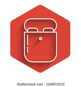 White line Air headphones in box icon icon isolated with long shadow. Holder wireless in case earphones garniture electronic gadget. Red hexagon button. Vector Illustration