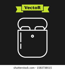 White line Air headphones in box icon icon isolated on black background. Holder wireless in case earphones garniture electronic gadget.  Vector Illustration