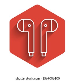White line Air headphones icon icon isolated with long shadow. Holder wireless in case earphones garniture electronic gadget. Red hexagon button. Vector Illustration