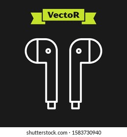 White line Air headphones icon icon isolated on black background. Holder wireless in case earphones garniture electronic gadget.  Vector Illustration