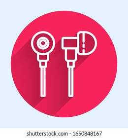 White line Air headphones icon icon isolated with long shadow. Holder wireless in case earphones garniture electronic gadget. Red circle button. Vector Illustration