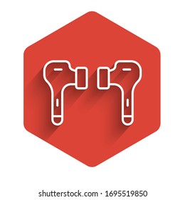 White line Air headphones icon icon isolated with long shadow. Holder wireless in case earphones garniture electronic gadget. Red hexagon button. Vector Illustration