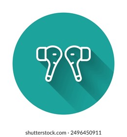 White line Air headphones icon icon isolated with long shadow. Holder wireless in case earphones garniture electronic gadget. Green circle button. Vector