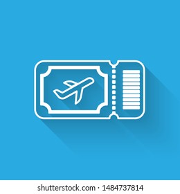 White line Airline ticket icon isolated with long shadow. Plane ticket.  Vector Illustration
