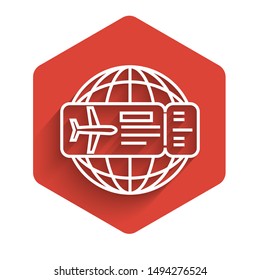 White line Airline ticket icon isolated with long shadow. Plane ticket. Red hexagon button. Vector Illustration