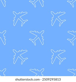 White line airplane icons on sky blue background. Vector seamless pattern.