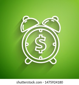 White line Alarm clock with dollar symbol icon isolated on green background. Time is money. Effective time management. Business concept.  Vector Illustration