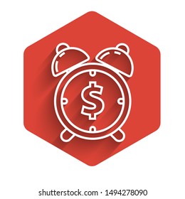 White line Alarm clock with dollar symbol icon isolated with long shadow. Time is money. Effective time management. Business concept. Red hexagon button. Vector Illustration