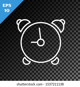 White line Alarm clock icon isolated on transparent dark background. Wake up, get up concept. Time sign.  Vector Illustration