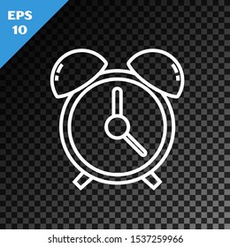 White line Alarm clock icon isolated on transparent dark background. Wake up, get up concept. Time sign.  Vector Illustration
