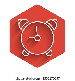White line Alarm clock icon isolated with long shadow. Wake up, get up concept. Time sign. Red hexagon button. Vector Illustration