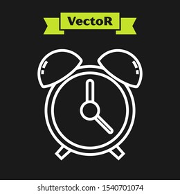 White line Alarm clock icon isolated on black background. Wake up, get up concept. Time sign.  Vector Illustration
